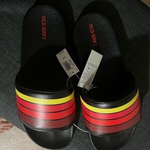 Old Navy Black Slides with Red and Yellow Stripes